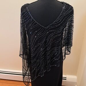 J Kara Black  Evening Dress with asymmetrical beaded overlay.new, never hemmed